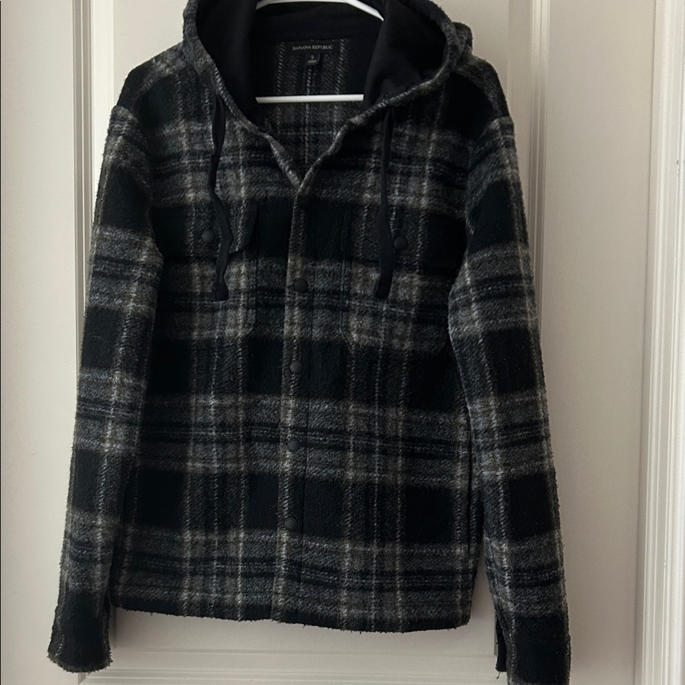 Banana Republic Plaid Hooded snap Jacket poly wool blend front pockets size S